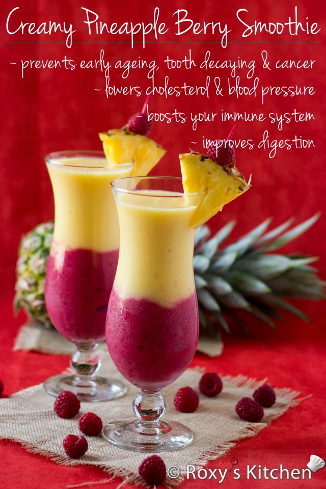 4 Ingrediente cremoso Pineapple Berry Smoothie |  Cozinha do Roxy - A partir de melhorar a digestão para baixar o colesterol e pressão arterial, aumentando o seu sistema imunológico e prevenir o envelhecimento precoce, dente em decomposição e câncer, este batido faz tudo!  #recipe #pineapple #strawberries #raspberries #healthy