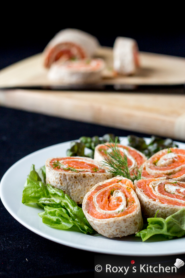 Salmón ahumado queso crema Tortilla Roll-Ups | Roxy Cocina #healthysnack #appetizer